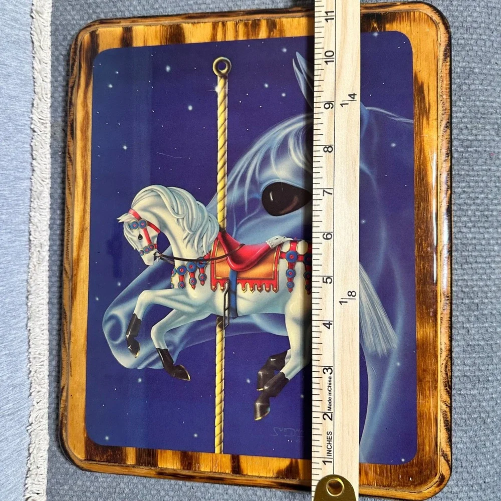 Vintage 1984 Sue Dawe Carousel Horse Wood Wall Art Plaque Fantasy Starry Night